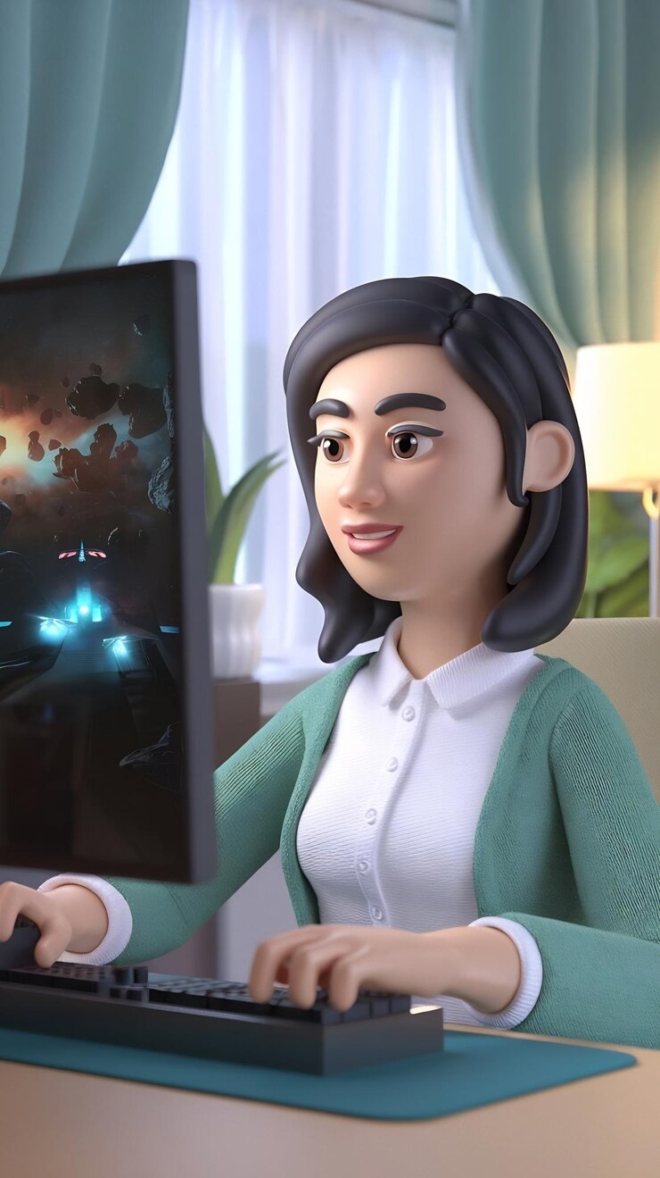 Foto mujer jugando con la computadora ilustración 3d