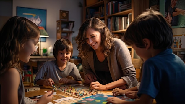 Mujer jugando a un juego de mesa con los niños en casa el Día de la Madre