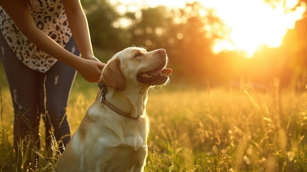 Mujer jugando con Labrador en el parque el día de verano