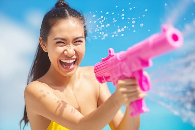 una mujer jugando con una pistola de agua en el día de Songkran