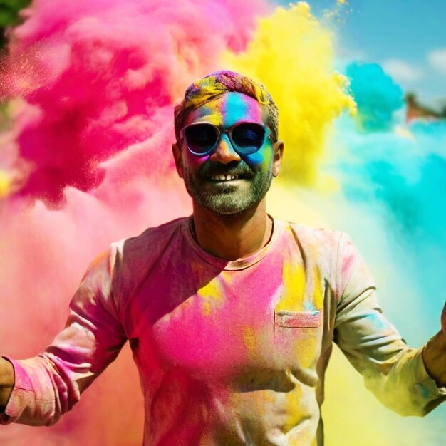 Mujer jugando con polvo de holi