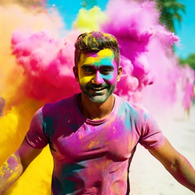 Foto mujer jugando con polvo de holi