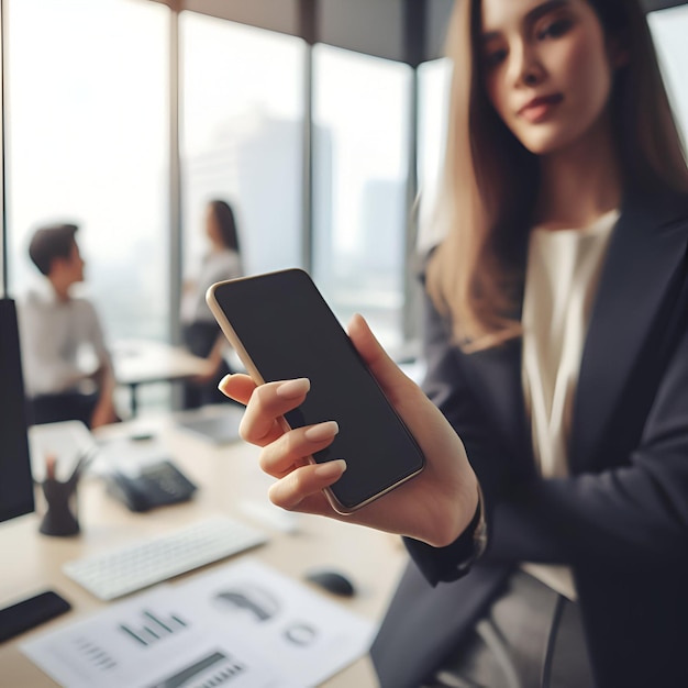 mujer jugando con el teléfono inteligente en el fondo de la oficina