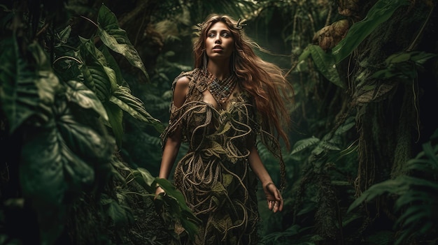 Una mujer en una jungla con un vestido verde.