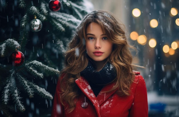 Mujer junto al árbol de Navidad bajo una nevada