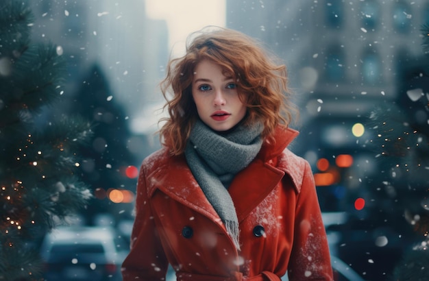 Mujer junto al árbol de Navidad bajo una nevada