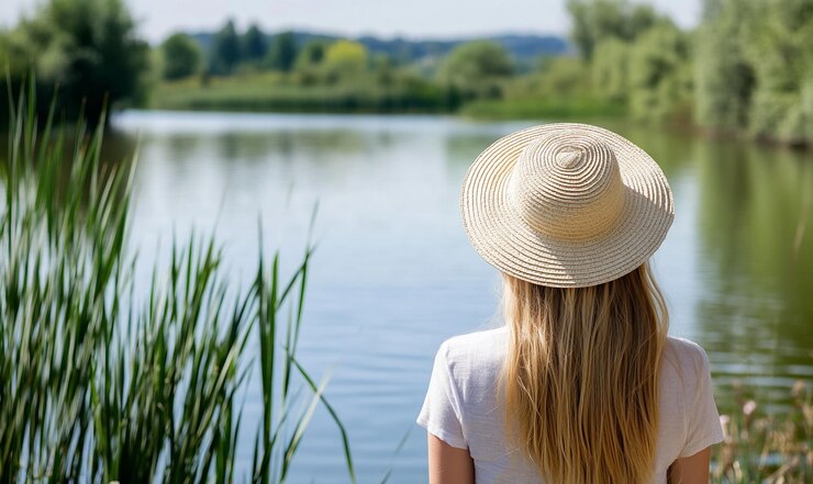 Mujer junto al lago vista serena día de verano escena pacífica momento de relajación al aire libre contemplación