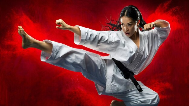 Mujer de karate en acción aislada en fondo rojo