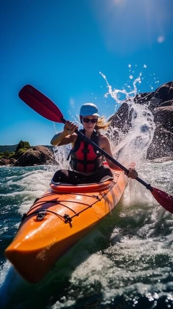 una mujer en un kayak rema por el agua