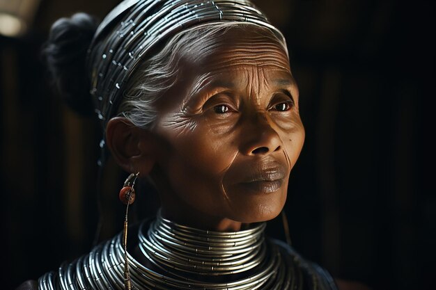 Foto mujer kayan de cuello largo con anillos de cuello de bronce tradicionales en un pueblo de myanmar generado con ia