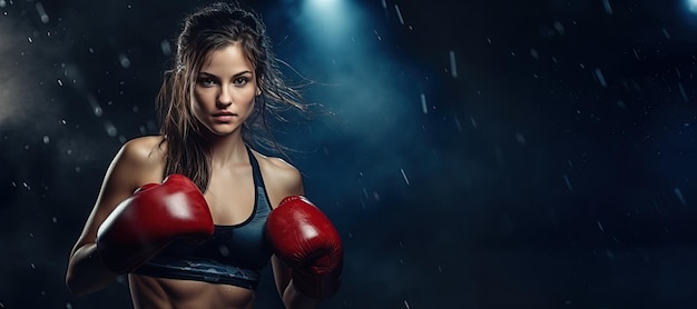 Mujer de kickboxing con ropa deportiva y guantes rojos de kick boxing sobre un fondo negro realizando una patada de artes marciales Ejercicio deportivo entrenamiento de fitness generado con IA