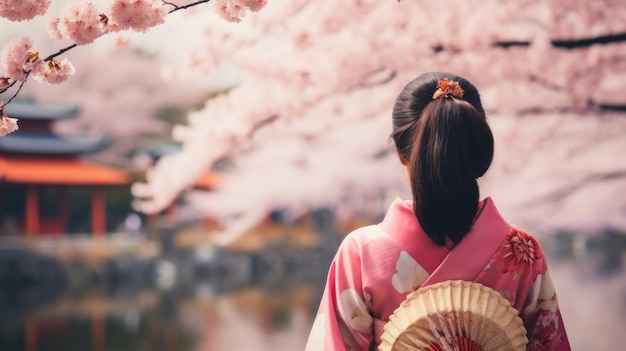 Una mujer en kimono con un abanico