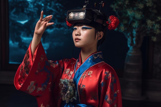 Una mujer en un kimono con auriculares vr frente a un árbol