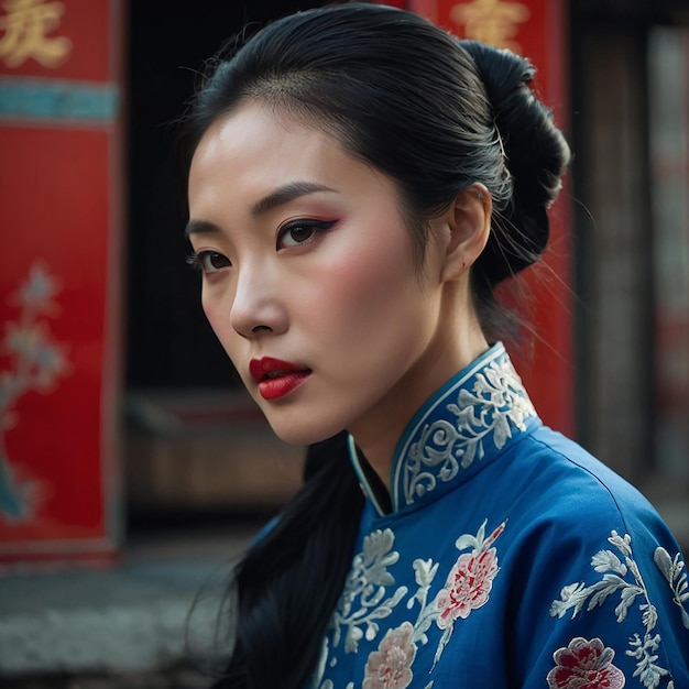 una mujer en un kimono azul con un fondo rojo