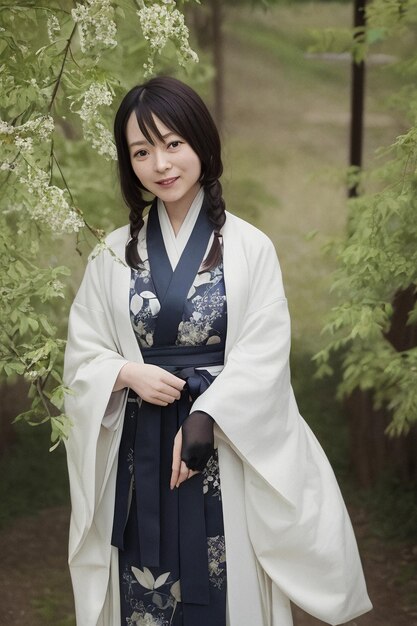 Una mujer con un kimono azul se para frente a un árbol.