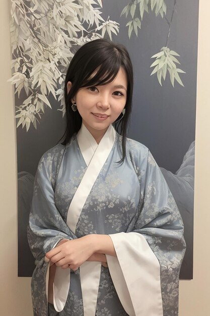 Una mujer con un kimono azul se para frente a una pintura de una flor.