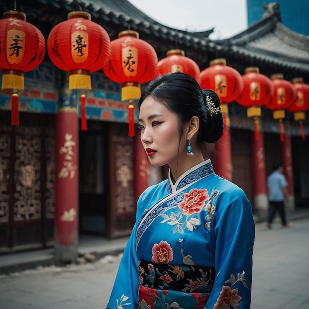 una mujer en un kimono azul de pie frente a una linterna china roja