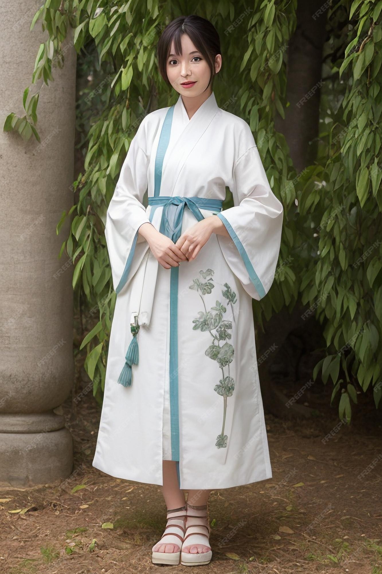 Una mujer con un kimono blanco una flor azul en el | Foto Premium