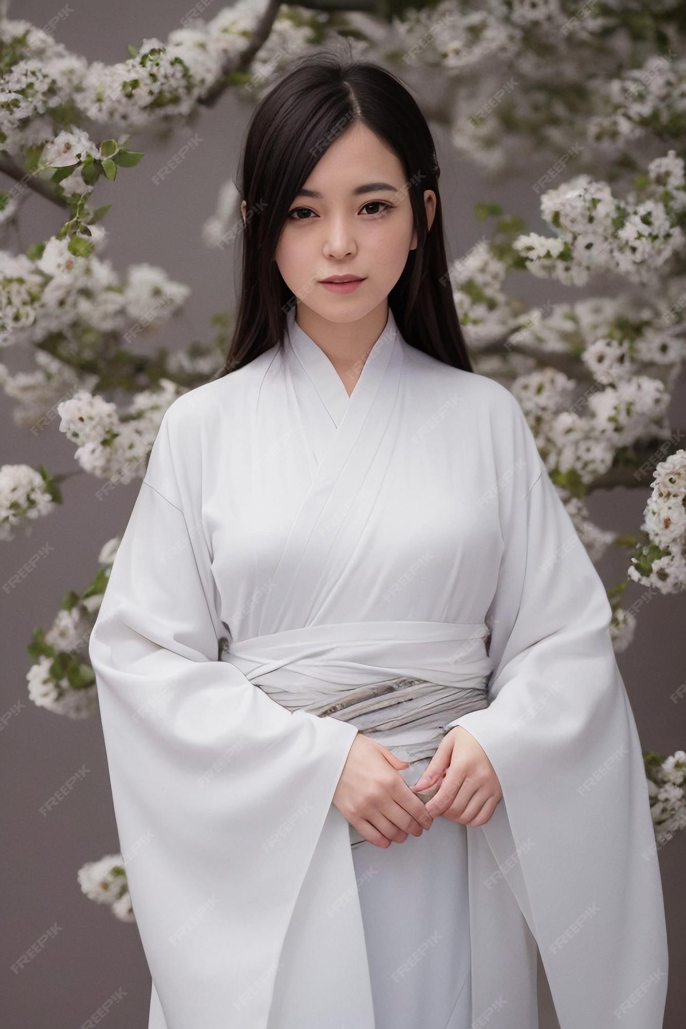 Una con un kimono blanco se frente a un árbol en flor. | Premium
