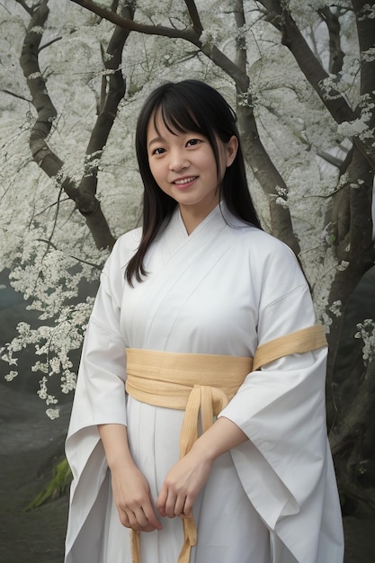 Una mujer con un kimono blanco se para frente a un árbol con flores.