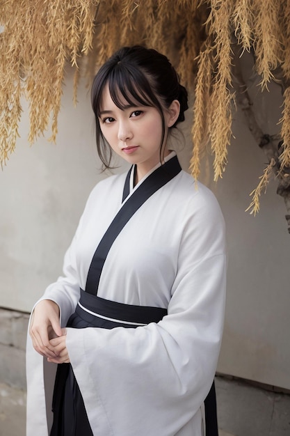 Una mujer con un kimono blanco se para frente a un árbol con un montón de hojas.