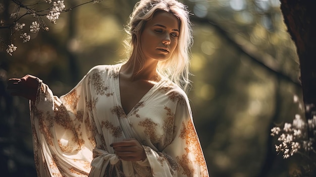 Una mujer con kimono se encuentra en un bosque.