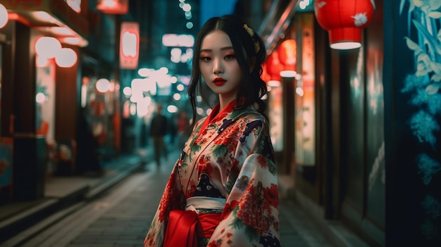 Una mujer con un kimono se encuentra en una calle de tokio.