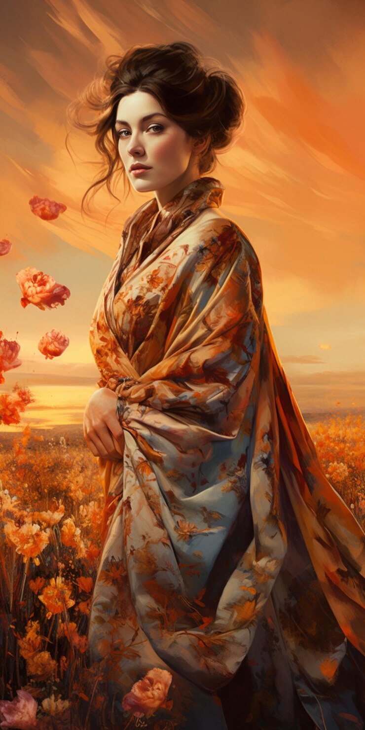 Una mujer con kimono se encuentra en un campo de amapolas.