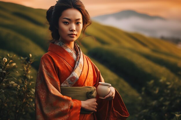 Una mujer con un kimono se encuentra en un campo con una montaña al fondo.