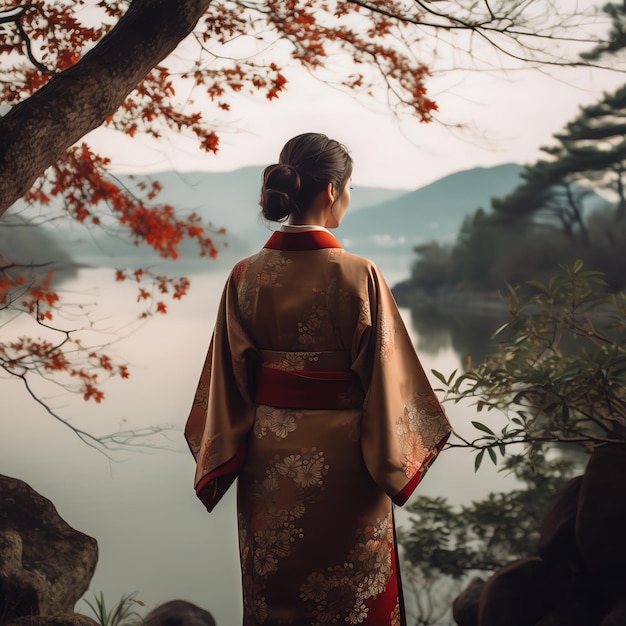 Una mujer con kimono se encuentra frente a un lago con una montaña al fondo.