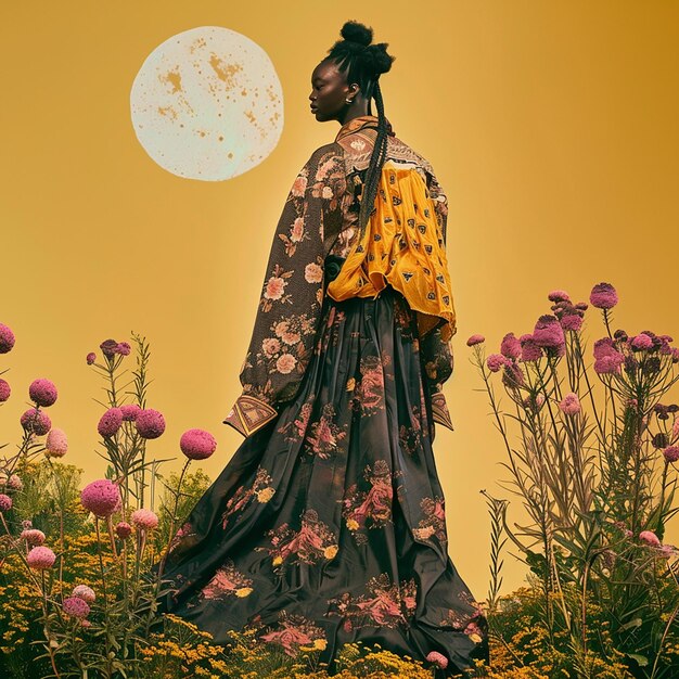 una mujer en kimono está de pie en un campo de flores