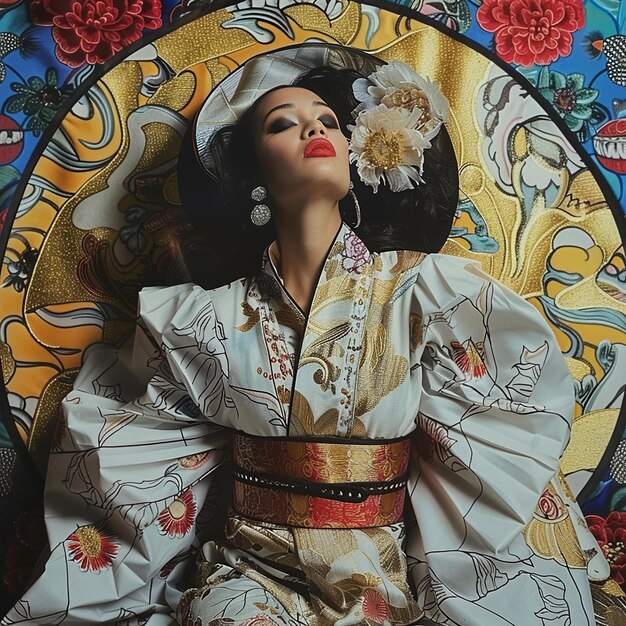 una mujer en kimono está posando para una foto