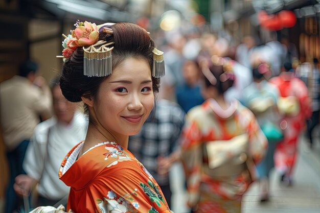 Una mujer en kimono está sonriendo a la cámara