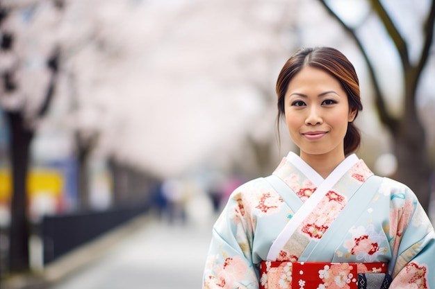 Foto mujer en kimono en el festival japonés de las cerezas en flor