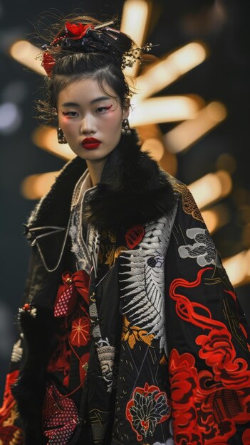 Mujer en kimono con una flor en el cabello