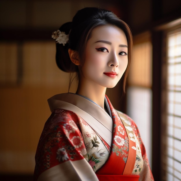 una mujer en kimono con una flor en el pelo