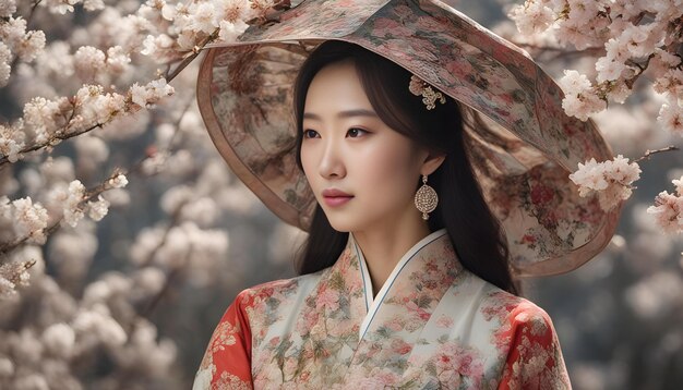 una mujer en kimono con una flor en su sombrero