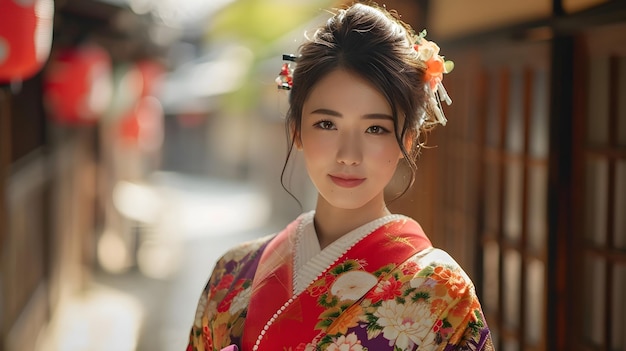 una mujer en kimono con flores en la cabeza