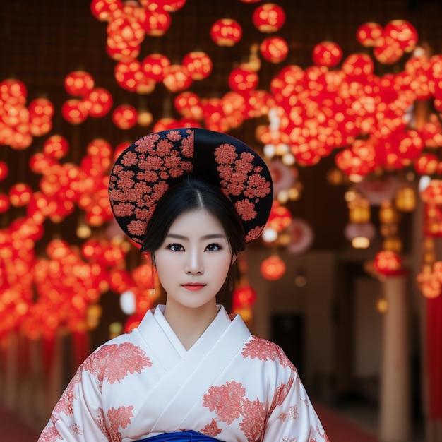 Una mujer con un kimono con flores rojas en la cabeza se para frente a un fondo rojo