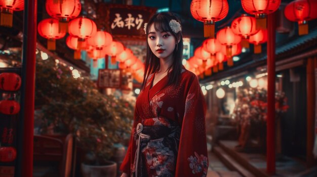 Una mujer con un kimono se para frente a unas linternas rojas con la palabra geisha.