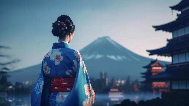 Una mujer con kimono se para frente a una montaña.