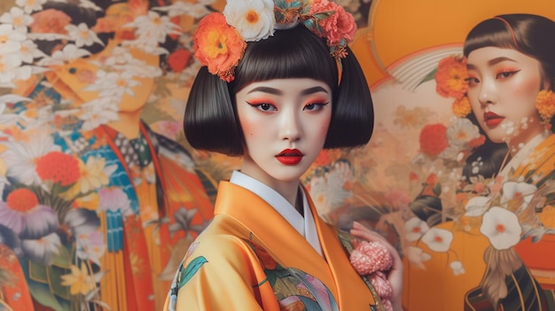 Una mujer con un kimono se para frente a una pintura con una pintura japonesa detrás de ella.