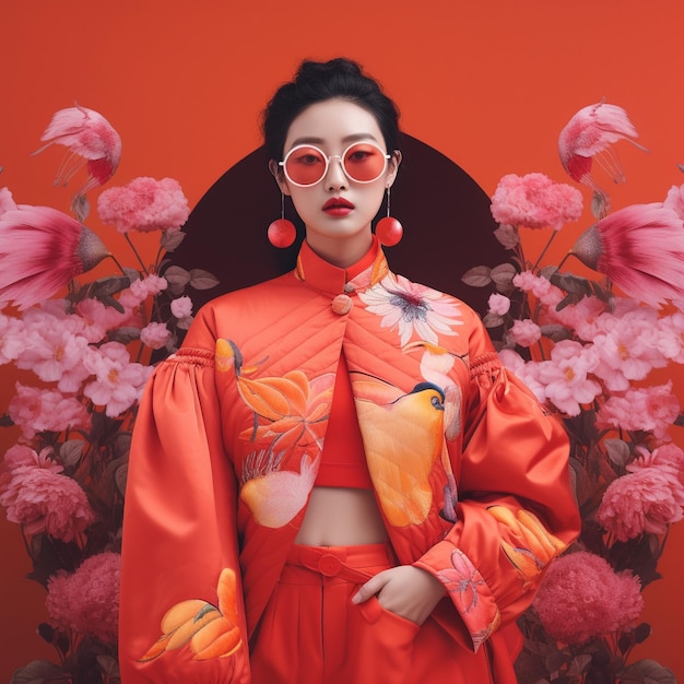 una mujer con un kimono y un kimono rojo con flores al fondo