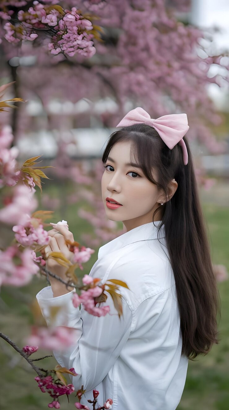 una mujer en kimono con un lazo rosa en el cabello
