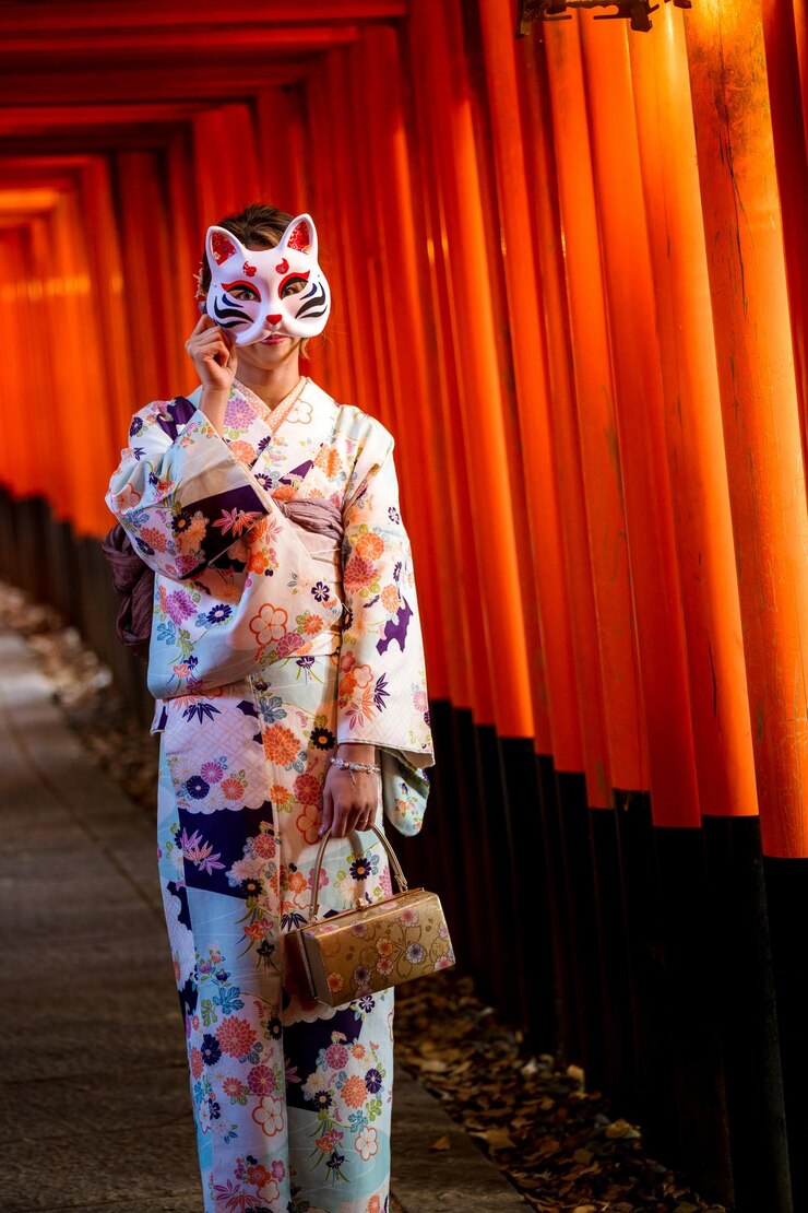 Una mujer en kimono con una máscara de gato en el santuario Fushimi Inari Taisha Senbon Torii Gate Kyoto Japón