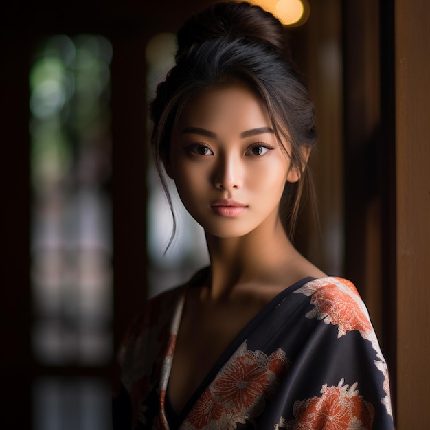 una mujer con kimono mira a la cámara.