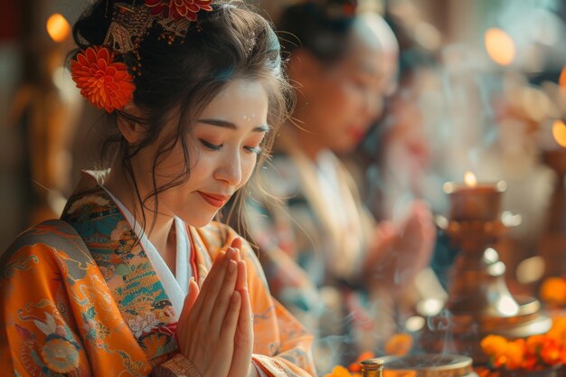 Mujer en kimono orando en el templo