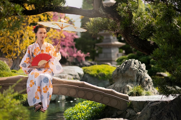 Foto mujer con kimono y paraguas wagasa