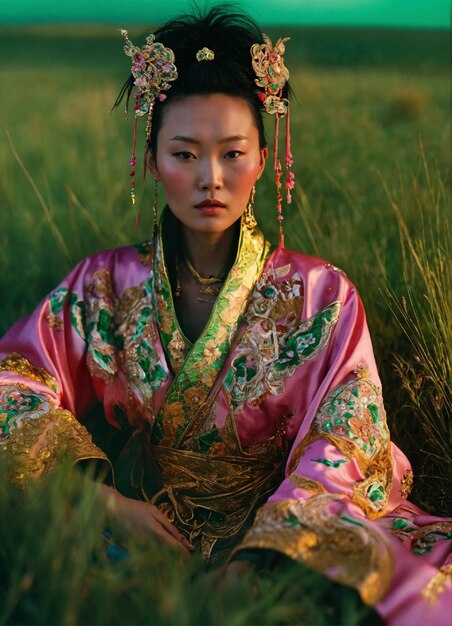 una mujer con un kimono con un patrón floral en la cabeza