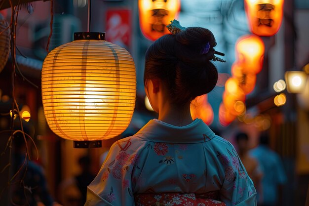 Una mujer en kimono de pie frente a las linternas